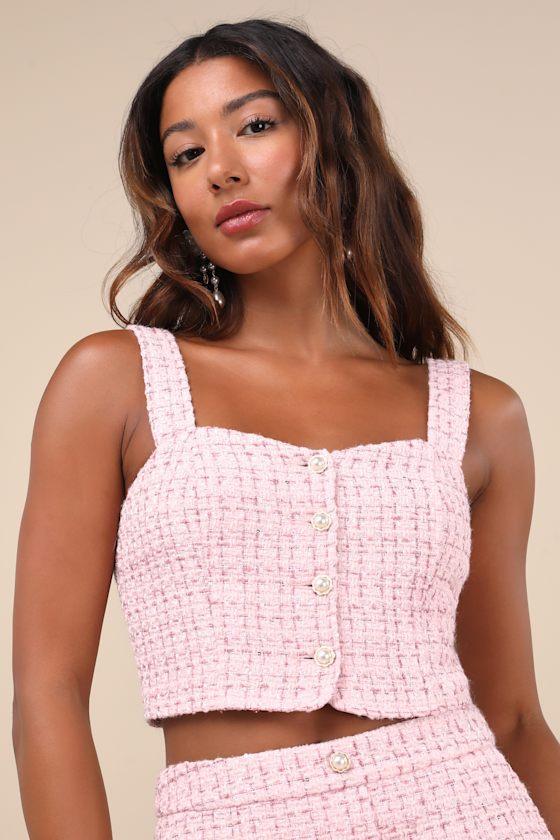 Charmed Perfection Light Pink Tweed Pearl Button-Up Crop Top Product Image