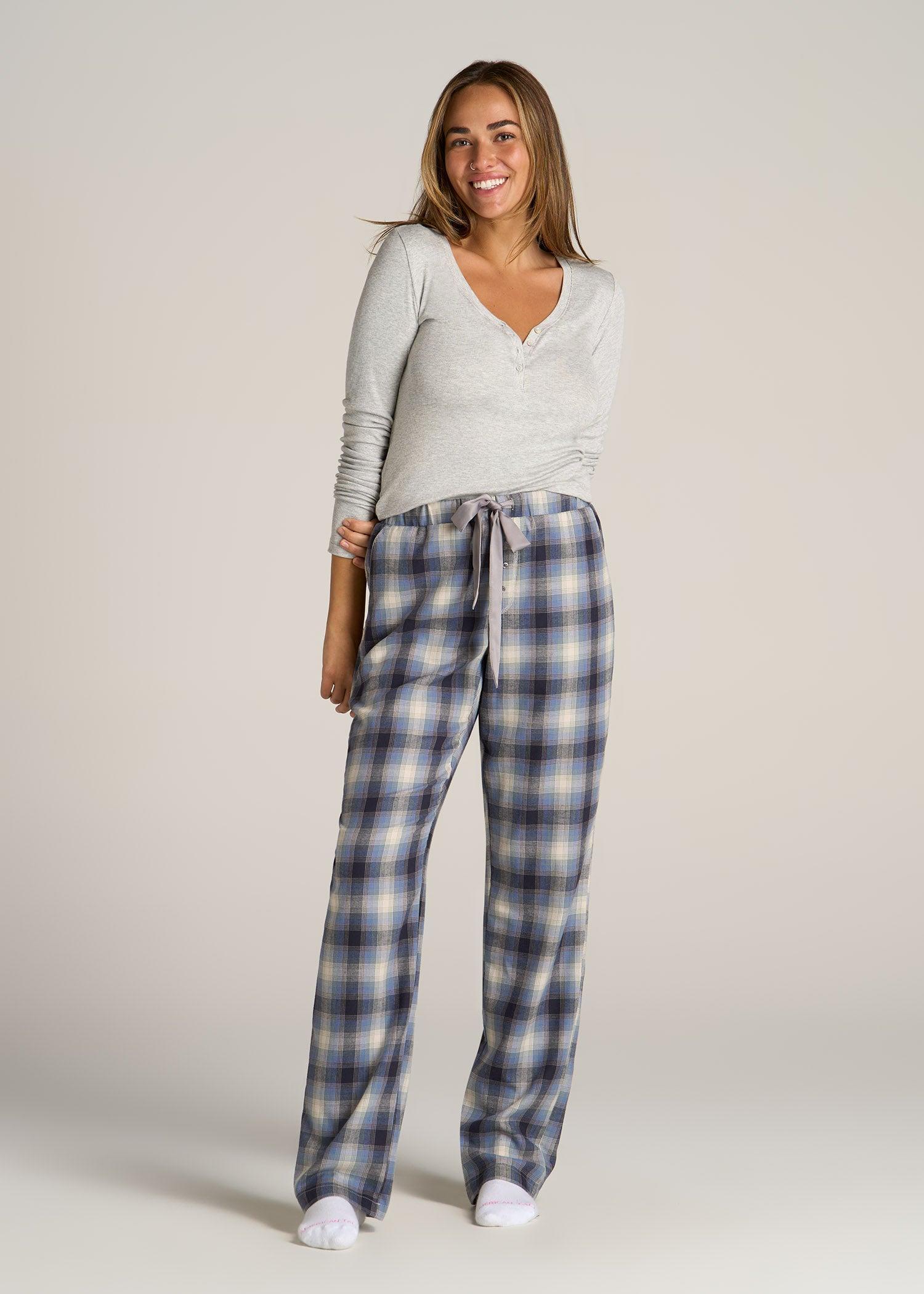 Open-Bottom Flannel Women's Tall Pajama Pants in Blue and Grey Weave Product Image