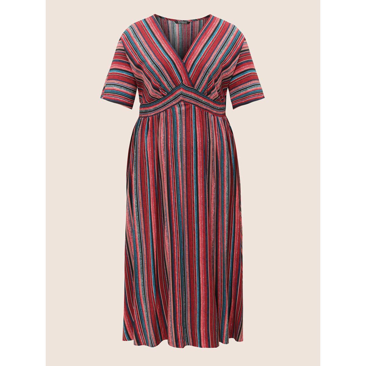 Plus Size Striped Contrast Dolman Sleeve Shirred Pocket Split Flutter Dress Red Women Boho Non V-neck Half Sleeve Curvy BloomChic 18-20/2X Product Image