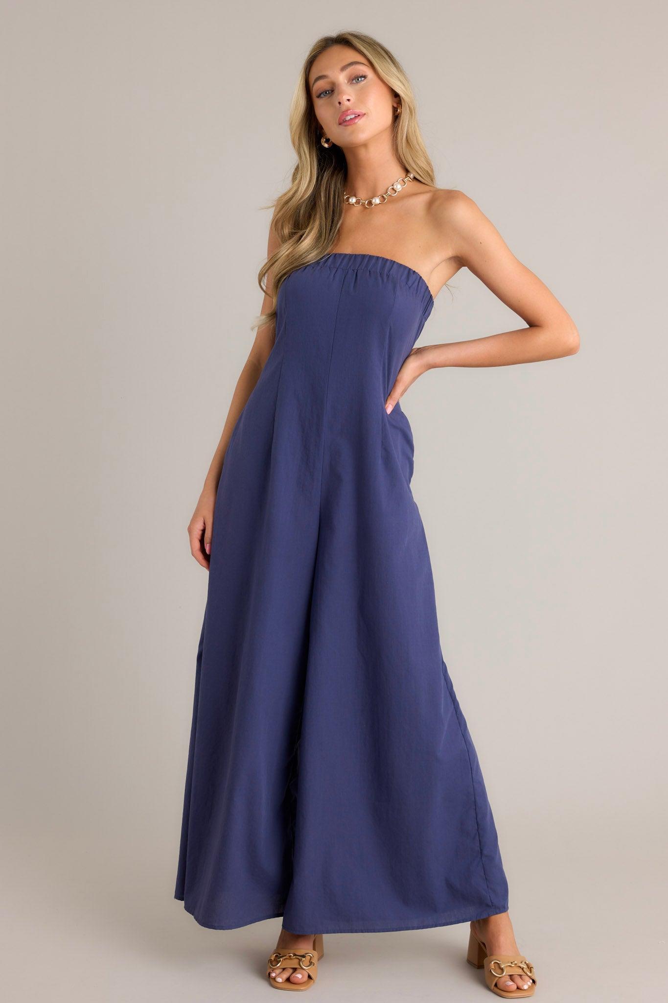 Behind The Smile Navy Strapless Jumpsuit Product Image