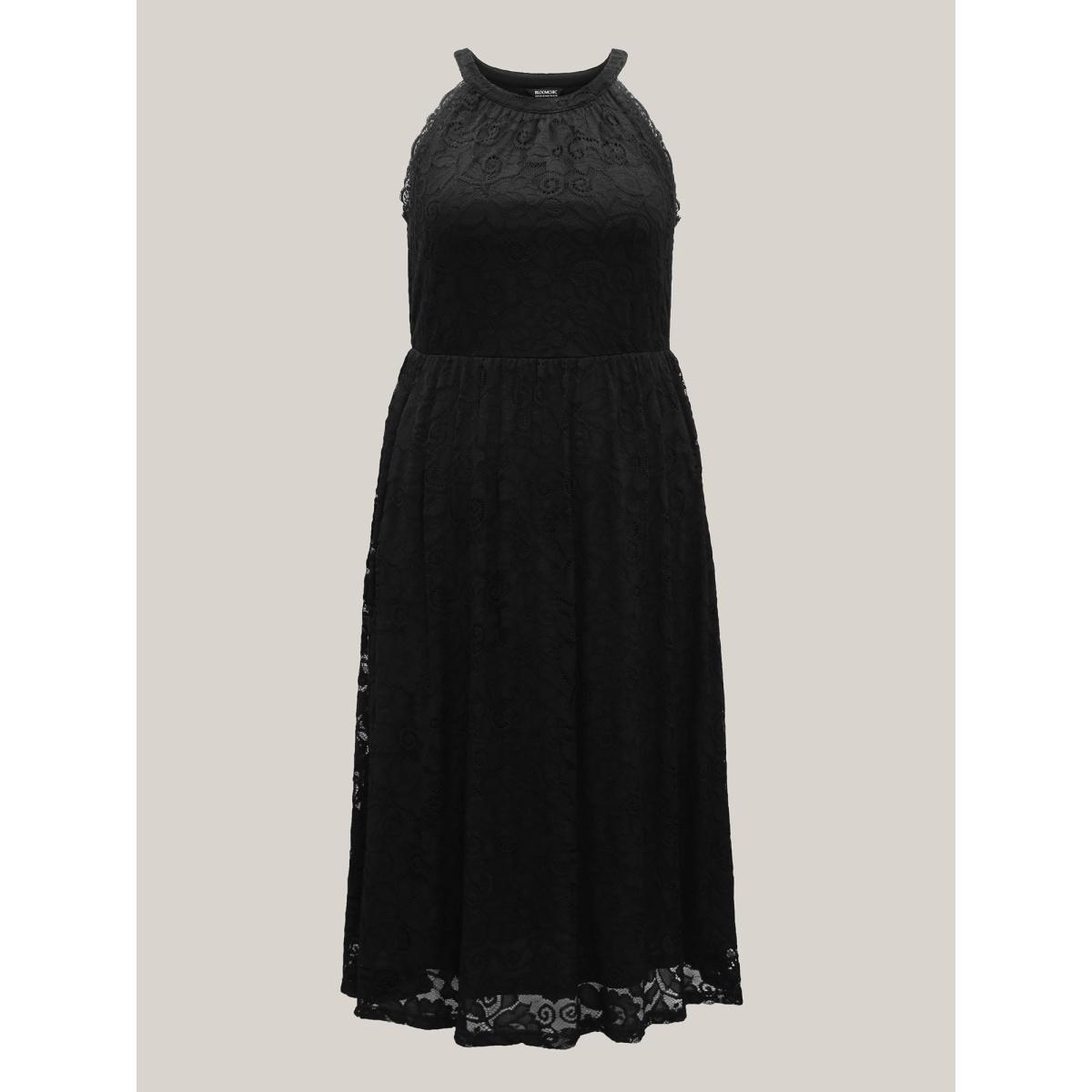 Plus Size Textured Lace Sleeveless Pockets Midi Dress Black Women Romantic Round Neck Sleeveless Curvy BloomChic 18-20/2X Product Image