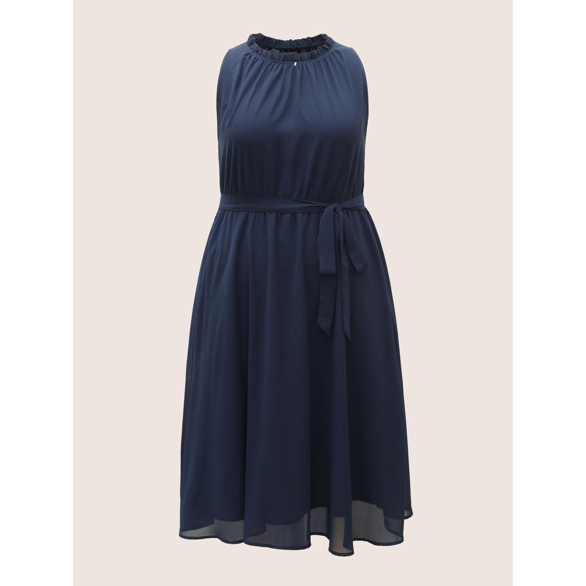 Plus Size Plain Sleeveless Frill Trim Pocket Belted Mock Neck Dress DarkBlue Women At the Office Pocket Mock Neck Sleeveless Curvy Midi Dress BloomChic 30/6X Product Image