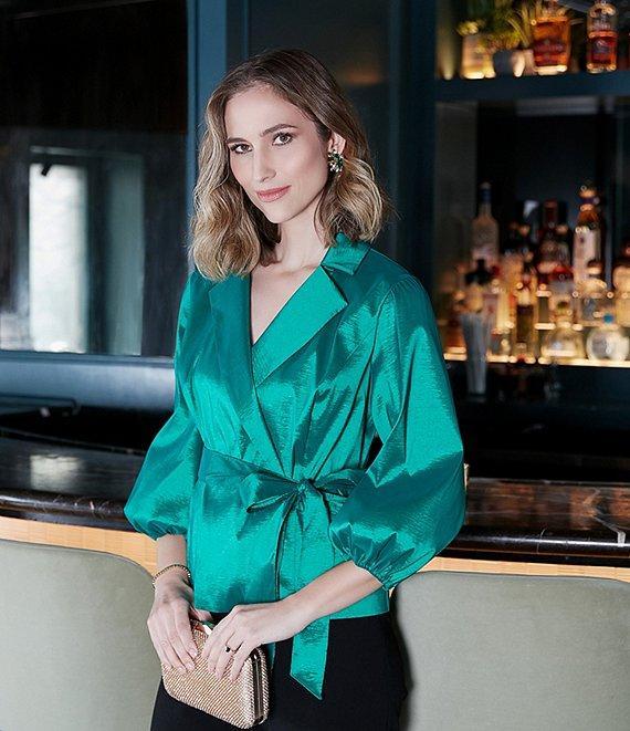 Alex Evenings Stretch Taffeta Collared V-Neck 3/4 Balloon Sleeve Tie Sash Wrap Top Product Image
