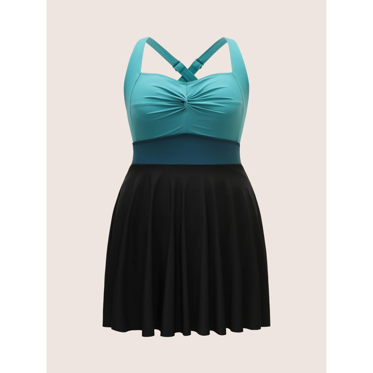 Plus Size Crossover Patchwork Heart Neckline Swim Dress Women's Swimwear Teal Beach Bodycon Heart neckline High stretch Curve Swim Dresses BloomChic 26/4X Product Image