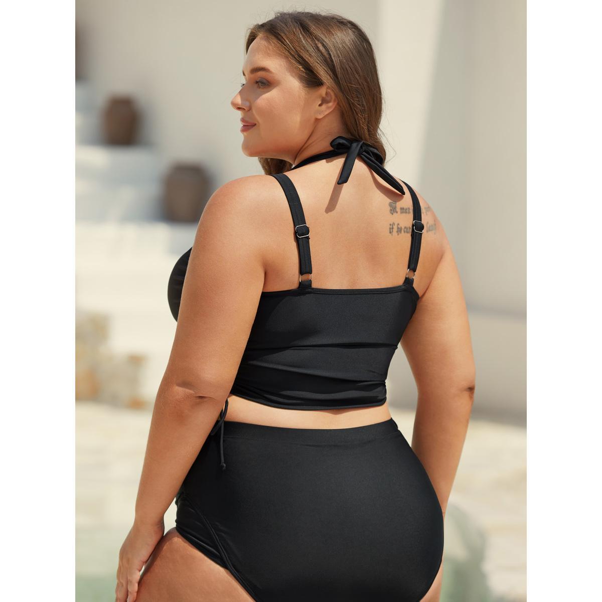 Plus Size Boho Print Adjustable Drawstrings Swim Tankini Women's Swimwear Black Beach Tie knot High stretch Skinny Overlap Collar Curve Swim Tops BloomChic 12/L Product Image