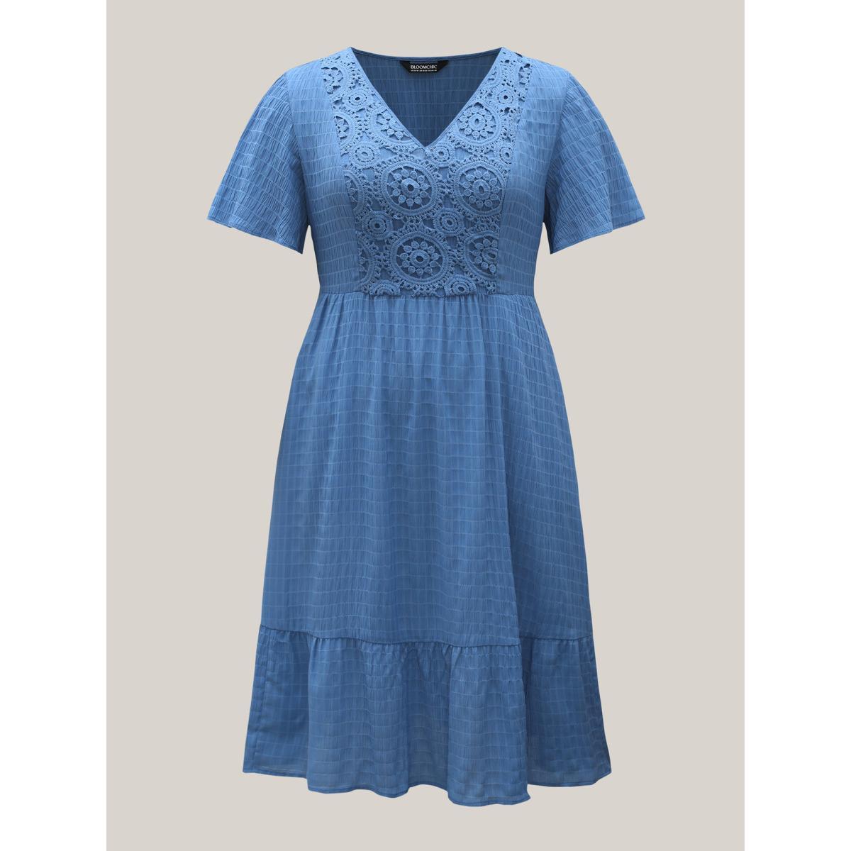 Plus Size Lace Textured Pockets Tiered Midi Dress Mediumblue Women Boho V-neck Short sleeve Curvy BloomChic 28/5X Product Image