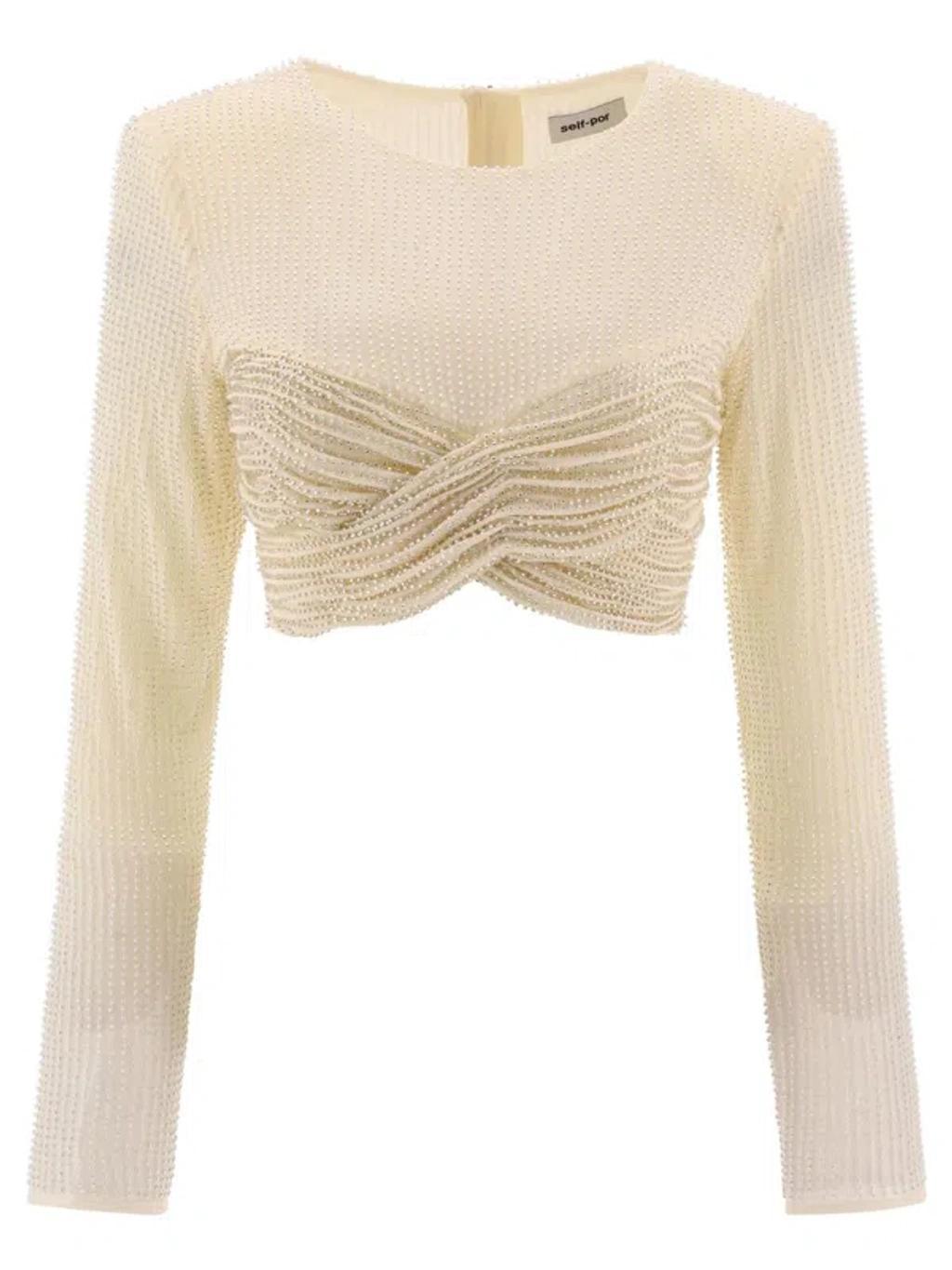 Beaded Mesh Crossover Strap Cropped Top In Beige Product Image