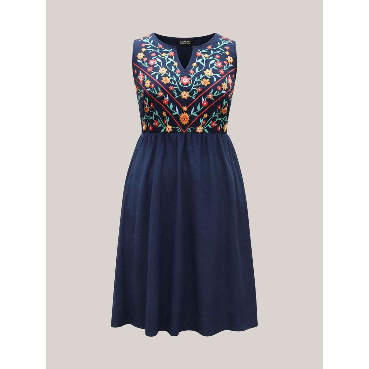 Plus Size Imitation Embroidery Woven Sleeveless Midi Dress Navy Women Boho Asymmetrical Neck Sleeveless Curvy BloomChic 12/L Product Image