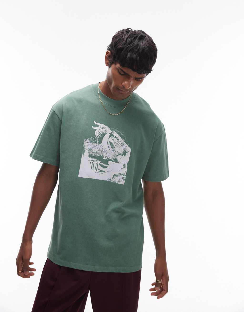 Topman premium oversized fit t-shirt with icarus print in washed sage Product Image