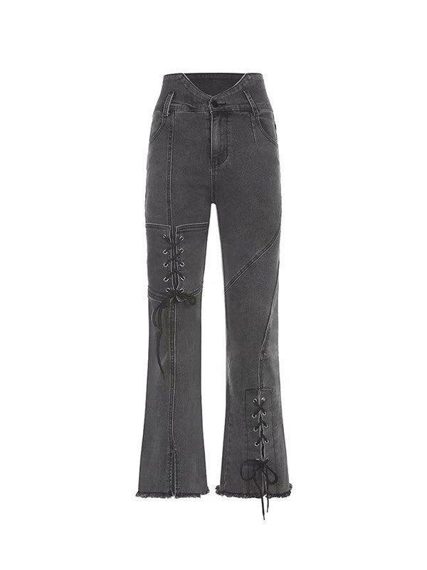 Lace Up Patchwork Slit Flare Jeans Product Image