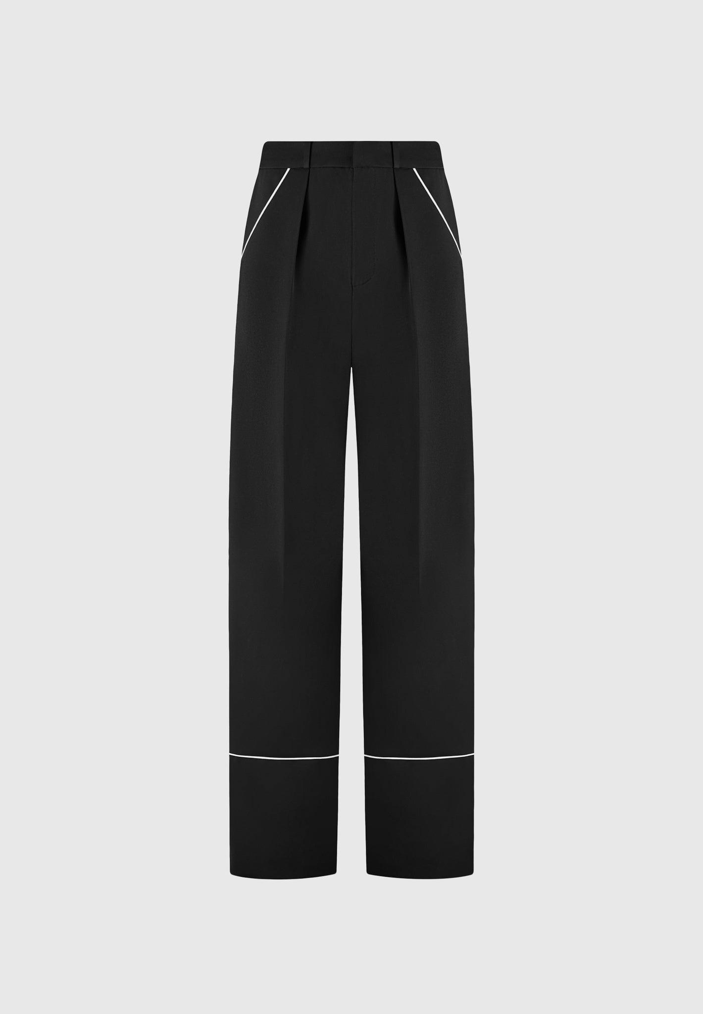 Mina - Contrast Piped Pleated Trousers - Black/White Female Product Image