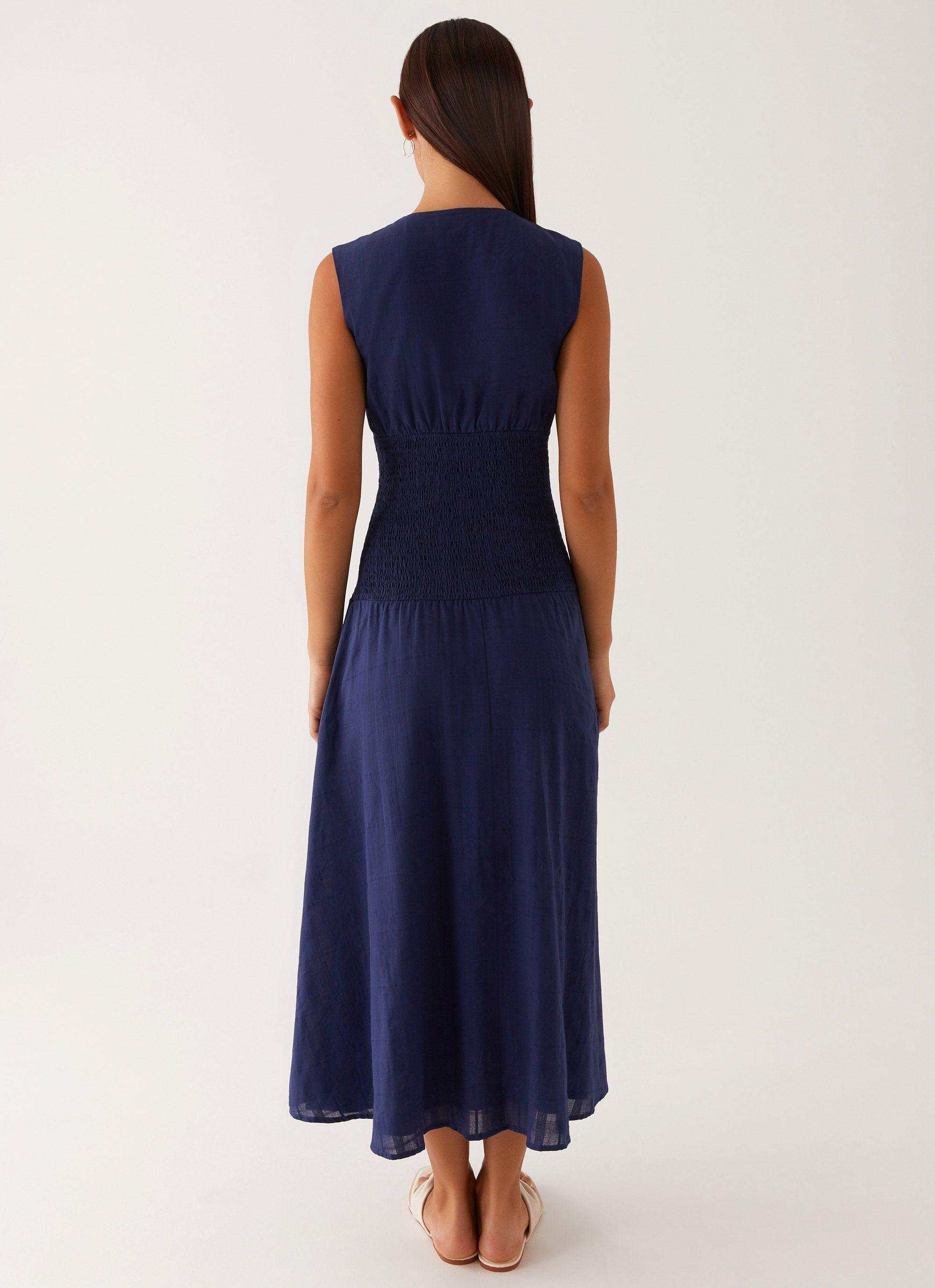 Belle Shirred Waist Midi Dress - Navy Product Image