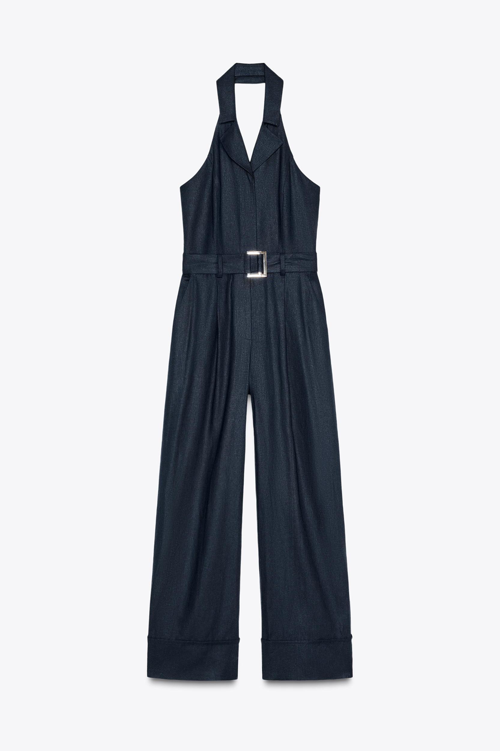 HALTER BELTED LINEN JUMPSUIT Product Image