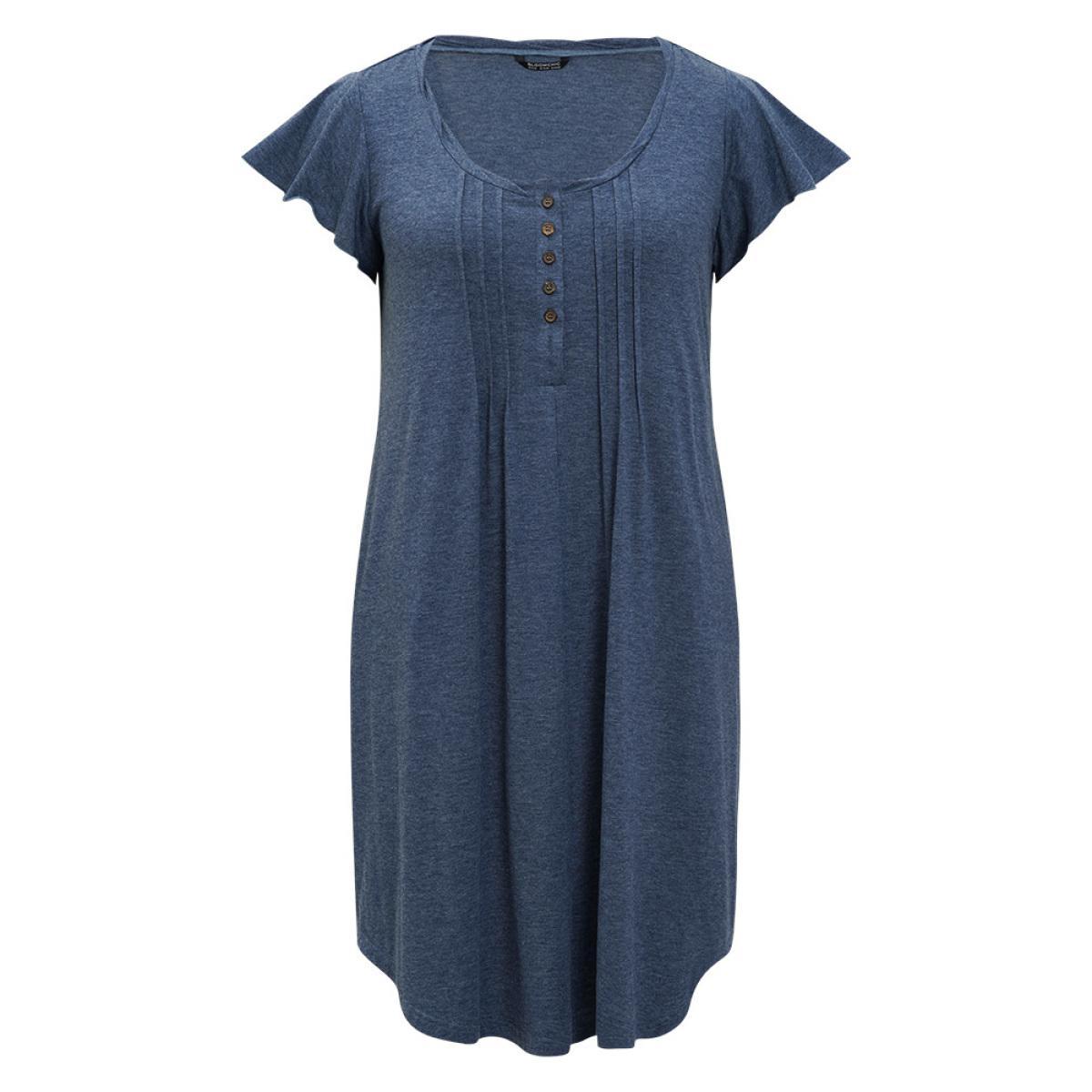 Plus Size Plain Pleated Ruffle Sleeve Pocket Button Up Curved Hem Dress Stone Women Casual Arc Hem Round Neck Cap Sleeve Curvy Midi Dress BloomChic 28/5X Product Image