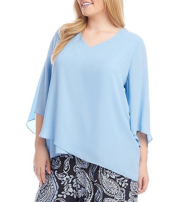 Karen Kane Plus Size V-Neck 3/4 Flutter Sleeve Asymmetric Crossover Hem Top Product Image