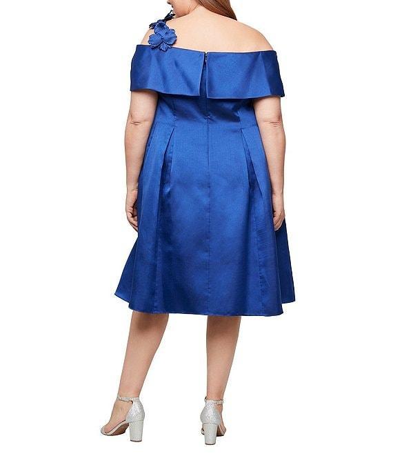 Alex Evenings Plus Size Mikado Off the Shoulder Short Sleeve 3D Floral Detail A Line Midi Dress Product Image
