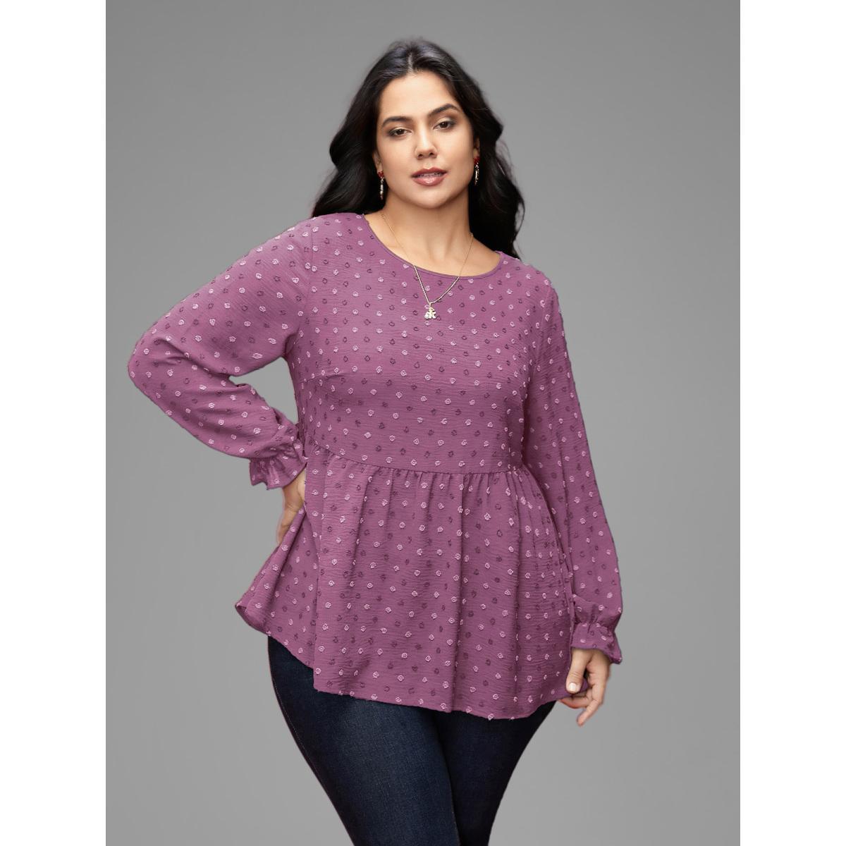 Plus Size Stone Textured Dot Elastic Cuffs A-line Blouse Women Leisure Long Sleeve Round Neck Casual Blouses BloomChic 10/M Product Image