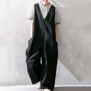 Sleeveless V-Neck Plain Wide Leg Jumpsuit Product Image