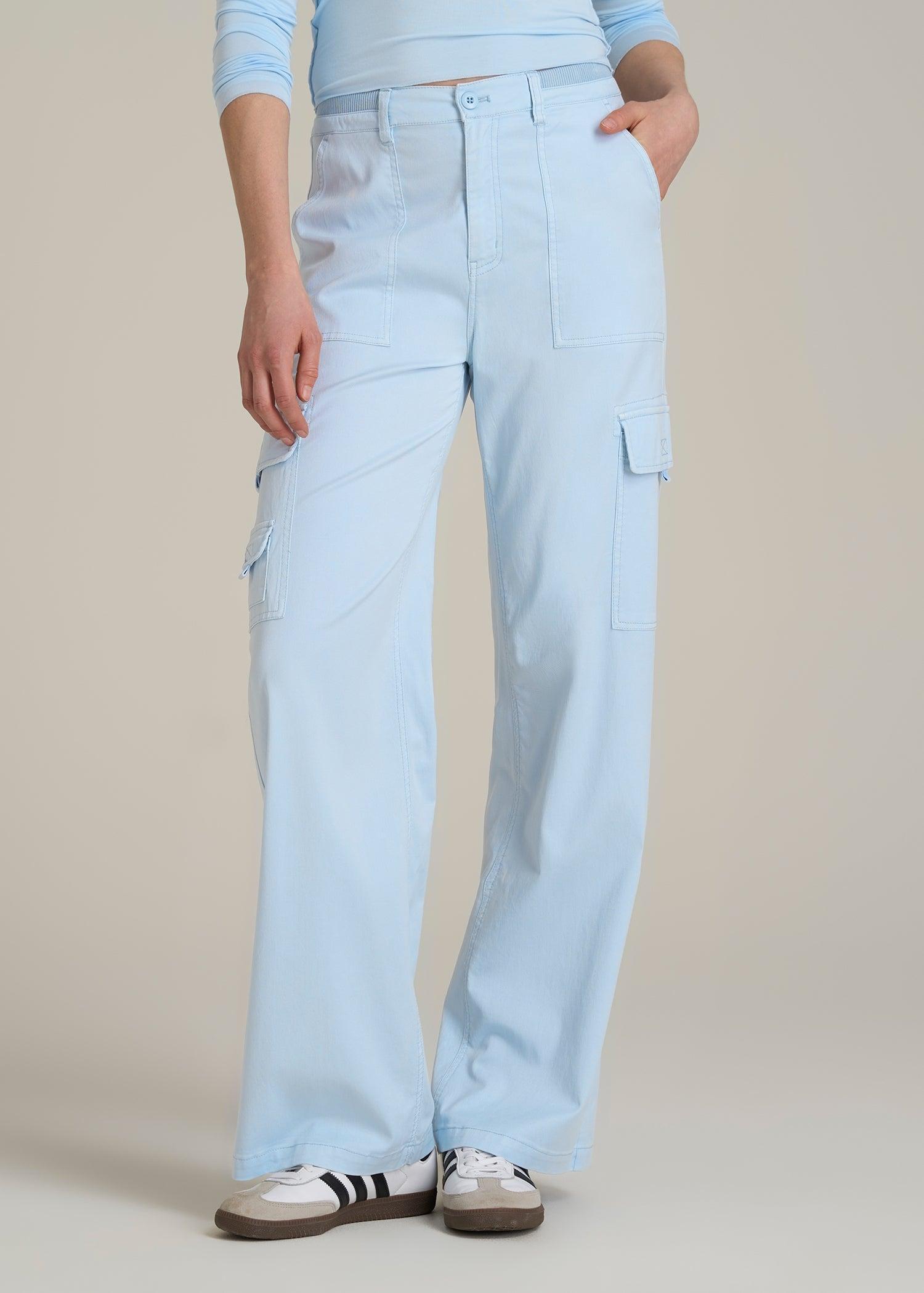 Garment Dyed Wide Leg Cargo Pants for Tall Women in Ice Blue Female Product Image