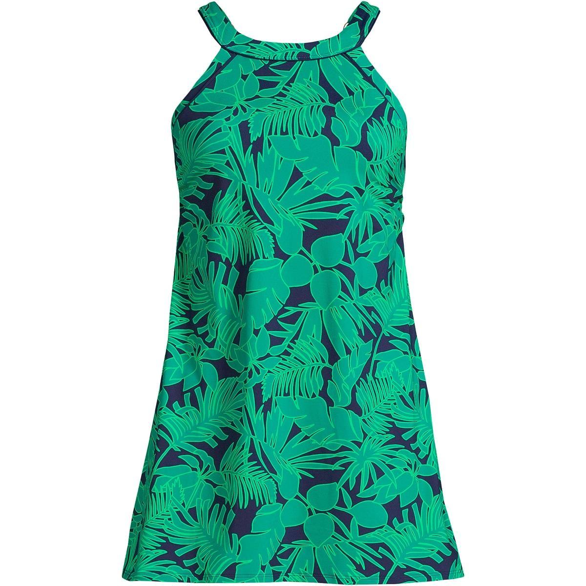 Womens Lands End UPF 50 High Neck One-Piece Swim Dress Blue Tossed Floral Product Image