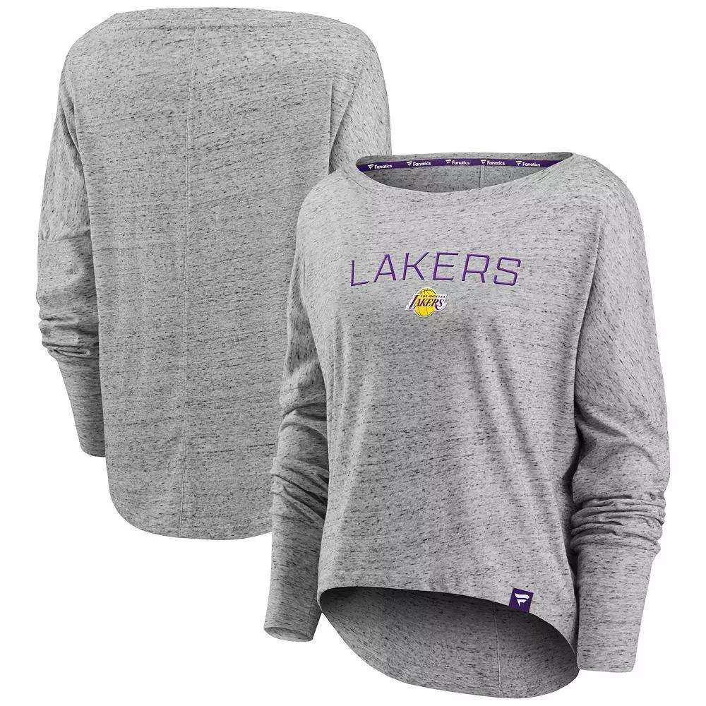 Women's Fanatics Branded Heathered Gray Los Angeles Lakers Nostalgia Off-The-Shoulder Long Sleeve T-Shirt,  Product Image