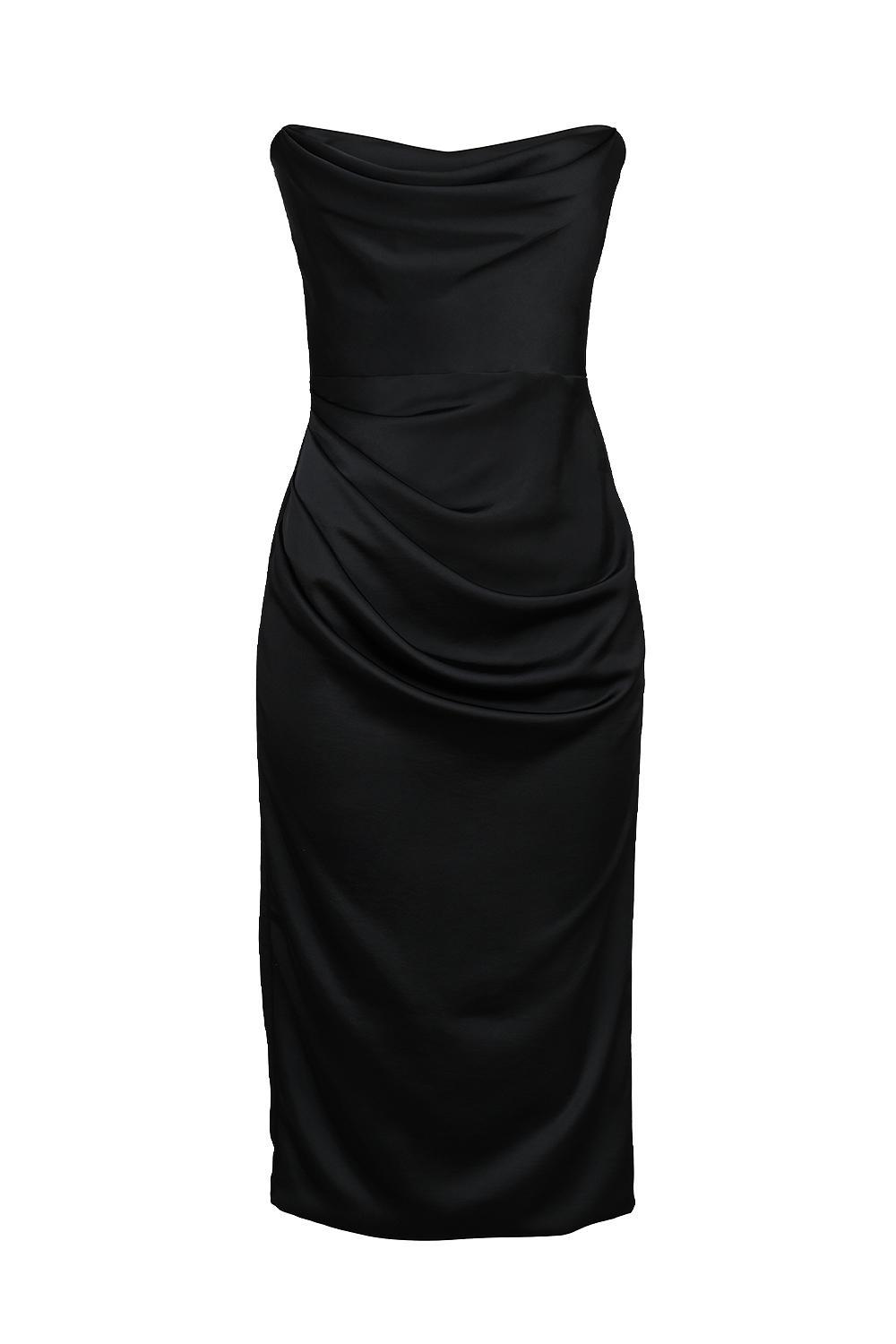 Santana Black Satin Strapless Midi Dress Product Image