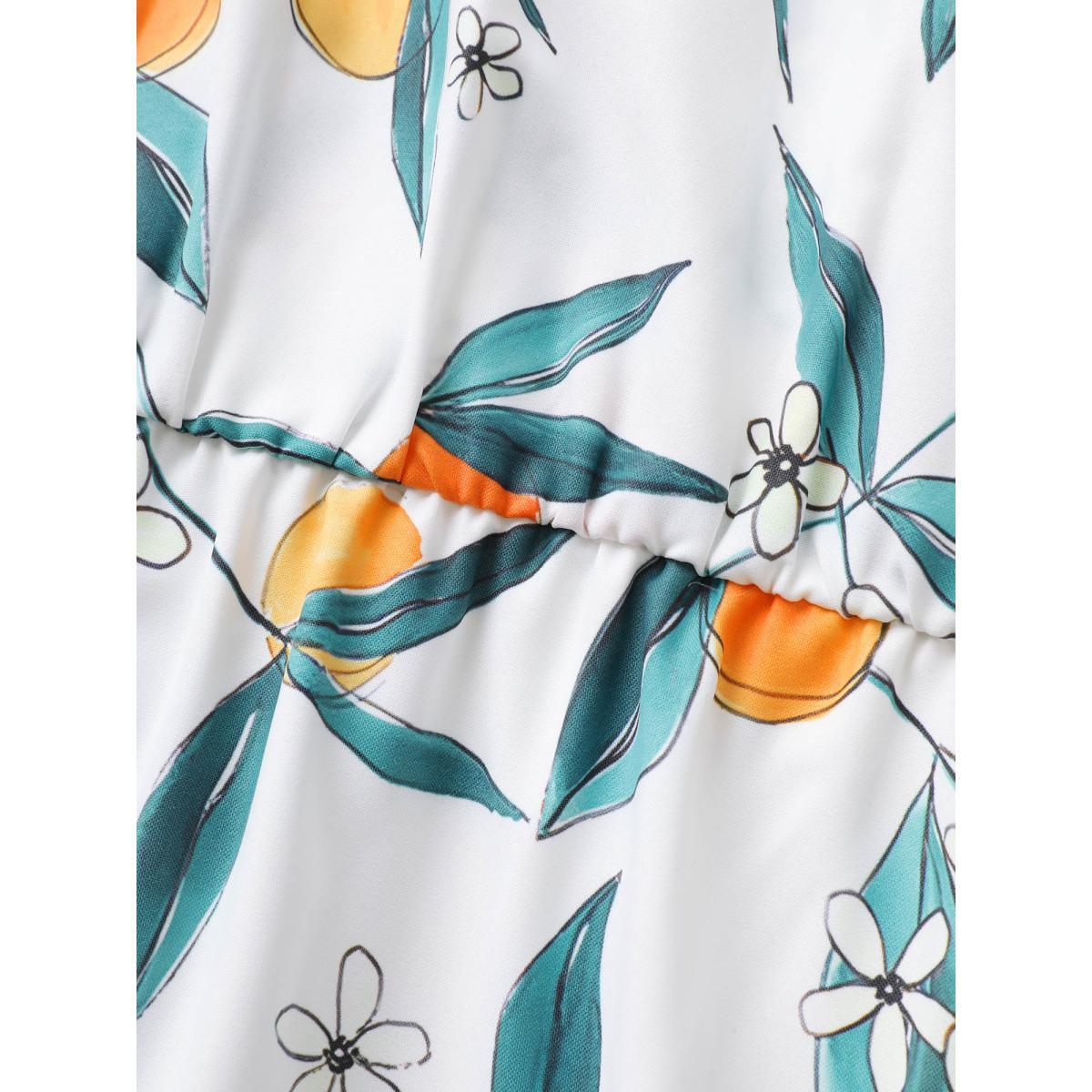 Plus Size Citrus Orange Print Overlap Collar Frill Trim Split Hem Dress Multicolor Women Elegant Overlapping Overlap Collar Half Sleeve Curvy Midi Dress BloomChic 18-20/2X Product Image