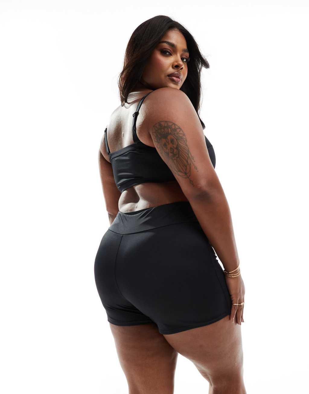 ASOS DESIGN Curve Maya mix and match deep band booty shorts bikini bottom in black Product Image