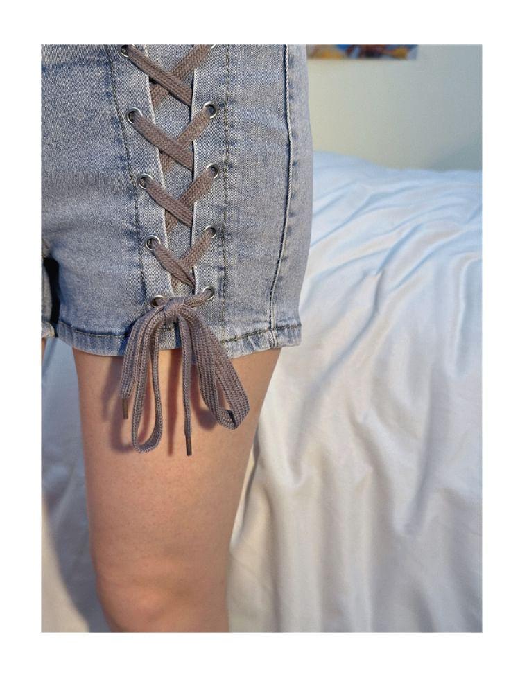 High Waist Lace-Up Washed Denim Shorts Product Image