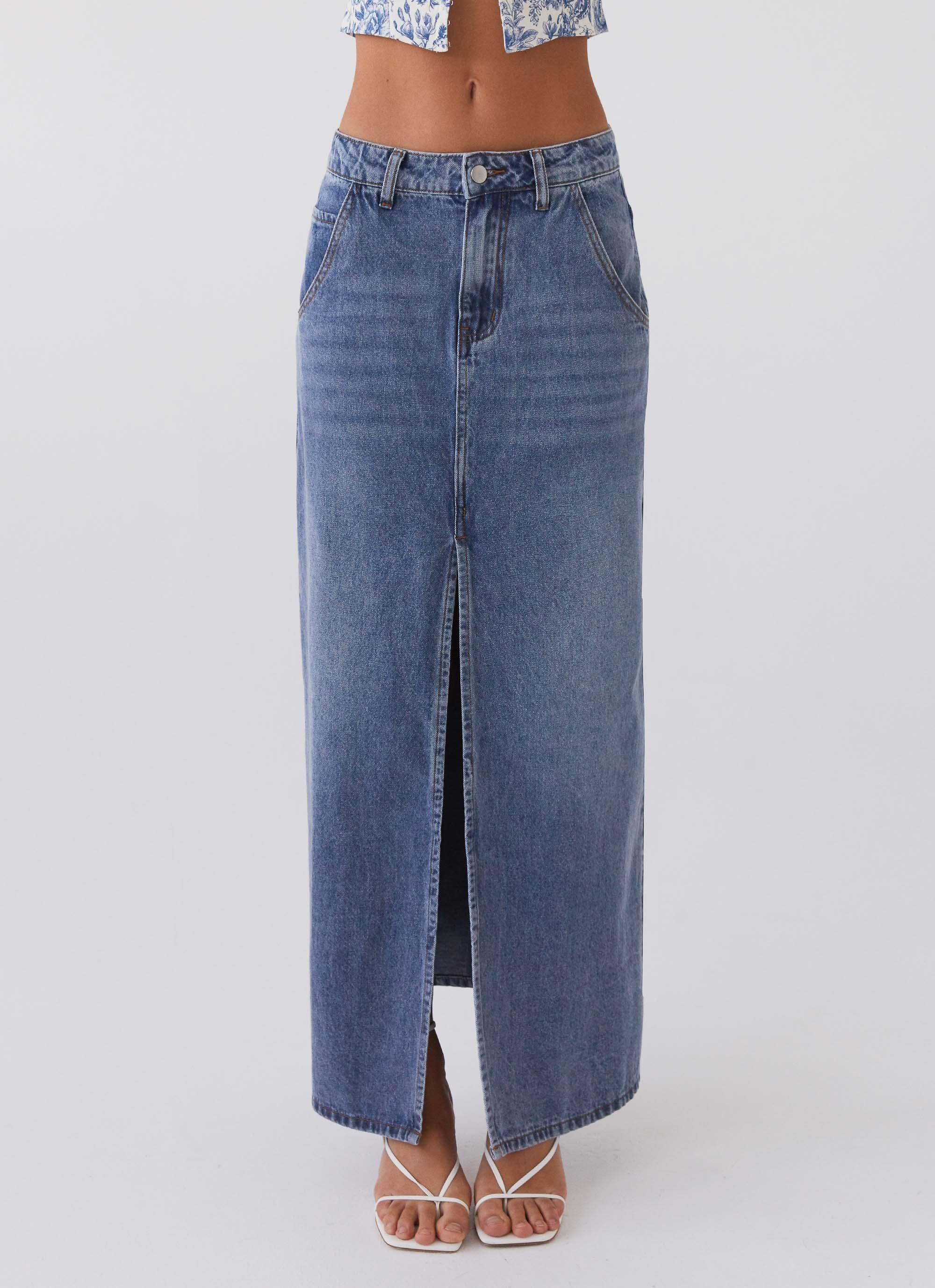 Walk This Way Denim Maxi Skirt - Blue Product Image