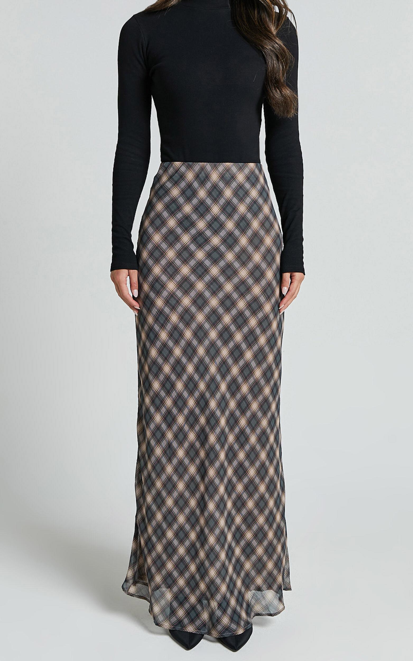 Mandy Maxi Skirt - High Waist Slip Skirt in Multi Check Product Image