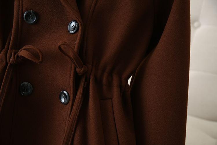 Plus Size Lapel Collar Plain Drawstring Waist Double-Breasted Coat Product Image