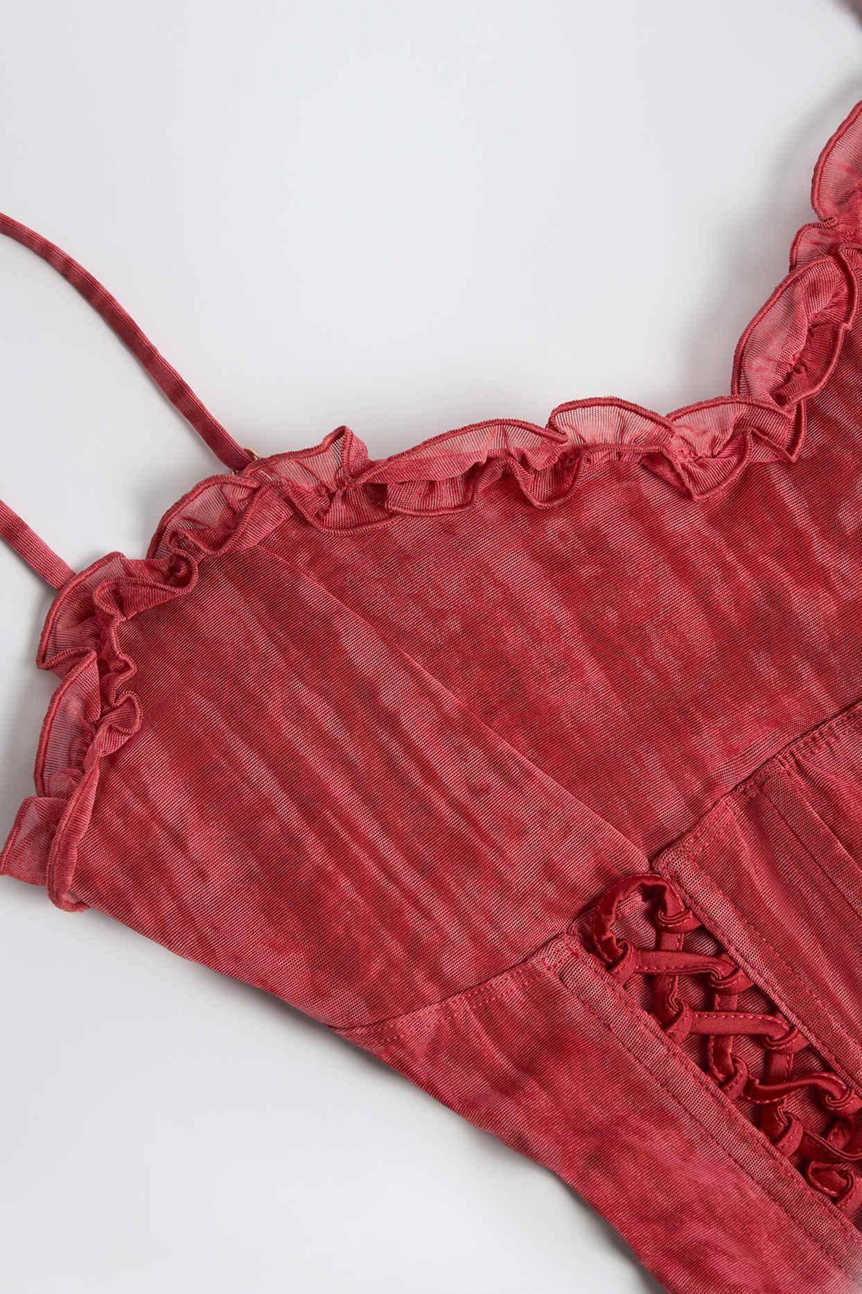 Lace-Up Ruffled Flared Jumpsuit in Red Print Product Image