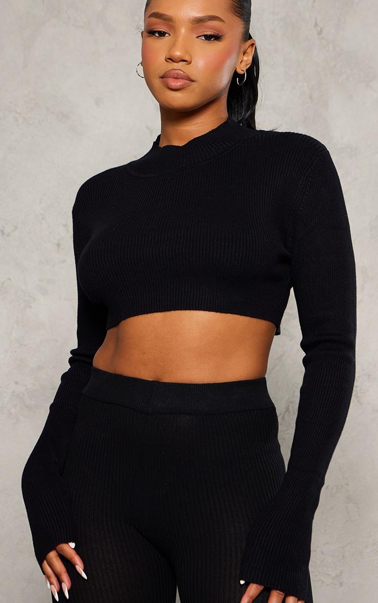 Black Knitted Cropped Crew Neck Sweater Product Image