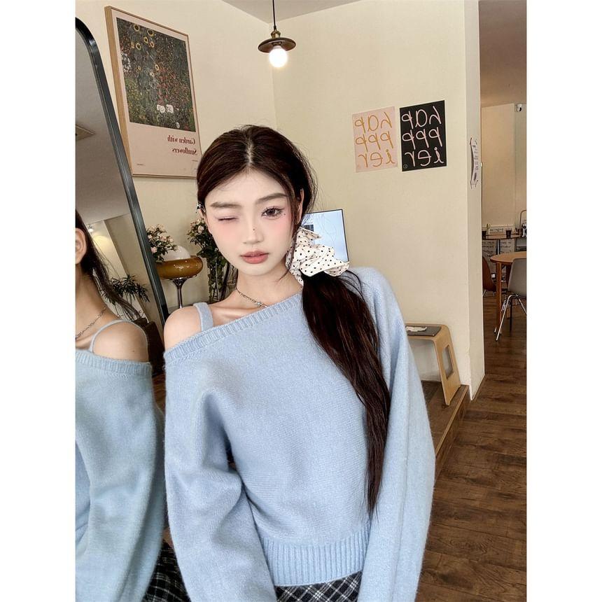 Asymmetrical Neck Cold-Shoulder Plain Sweater Product Image