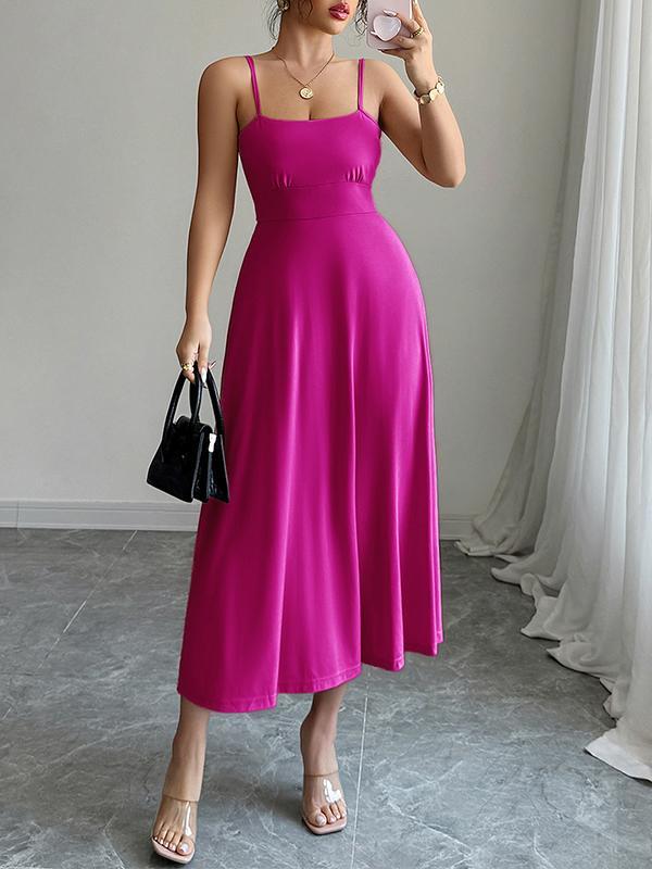 A-Line High Waisted Backless Pleated Solid Color Spaghetti-Neck Midi Dresses Product Image