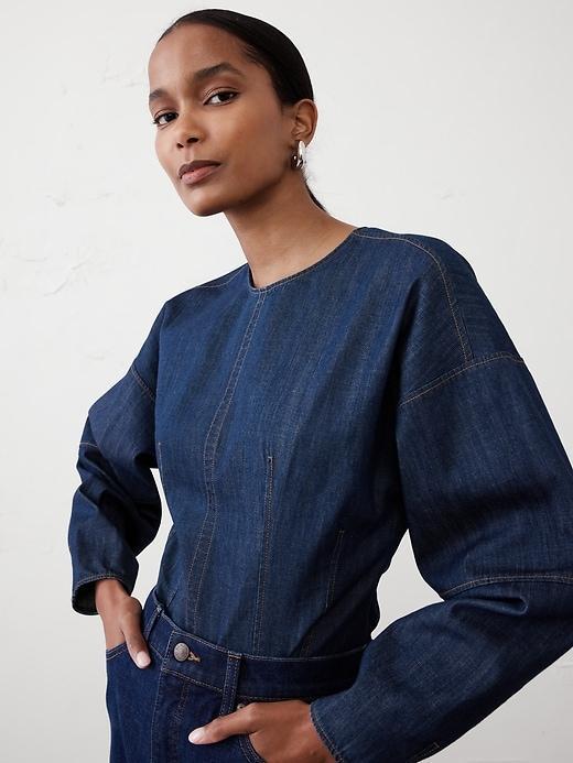 Rounded-Sleeve Denim Top Product Image