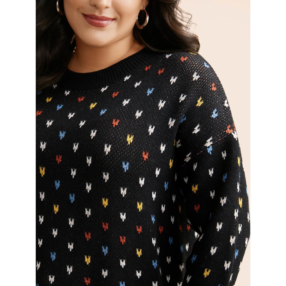 Plus Size Polka Dot Texture Split Hem Pullover Black Women Casual Long Sleeve Round Neck Everyday Pullovers BloomChic 12/L Product Image