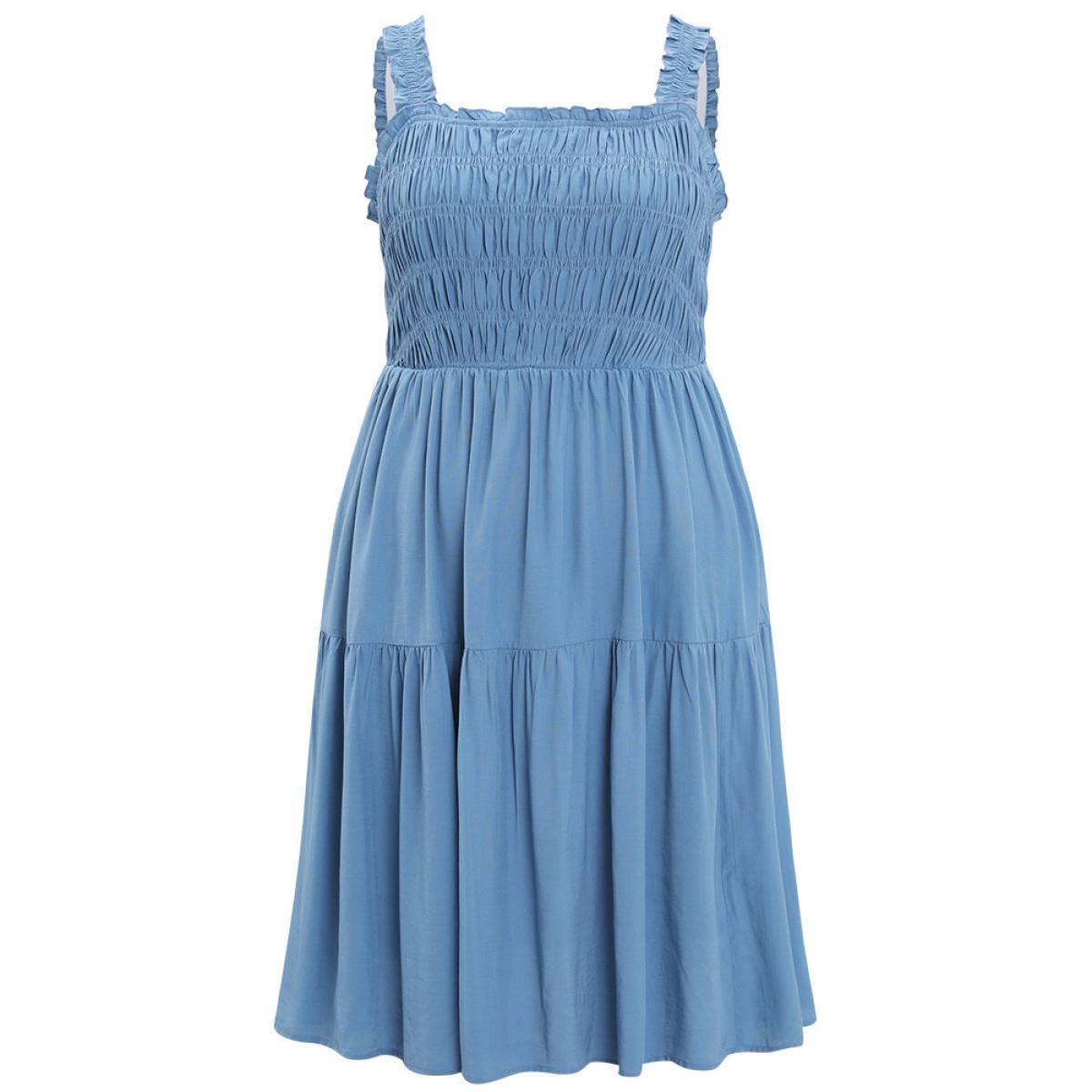 Plus Size Solid Shirred Pocket Ruffle Tiered Cami Dress Stone Women Elegant Gathered Square Neck Sleeveless Curvy Knee Dress BloomChic 18-20/2X Product Image