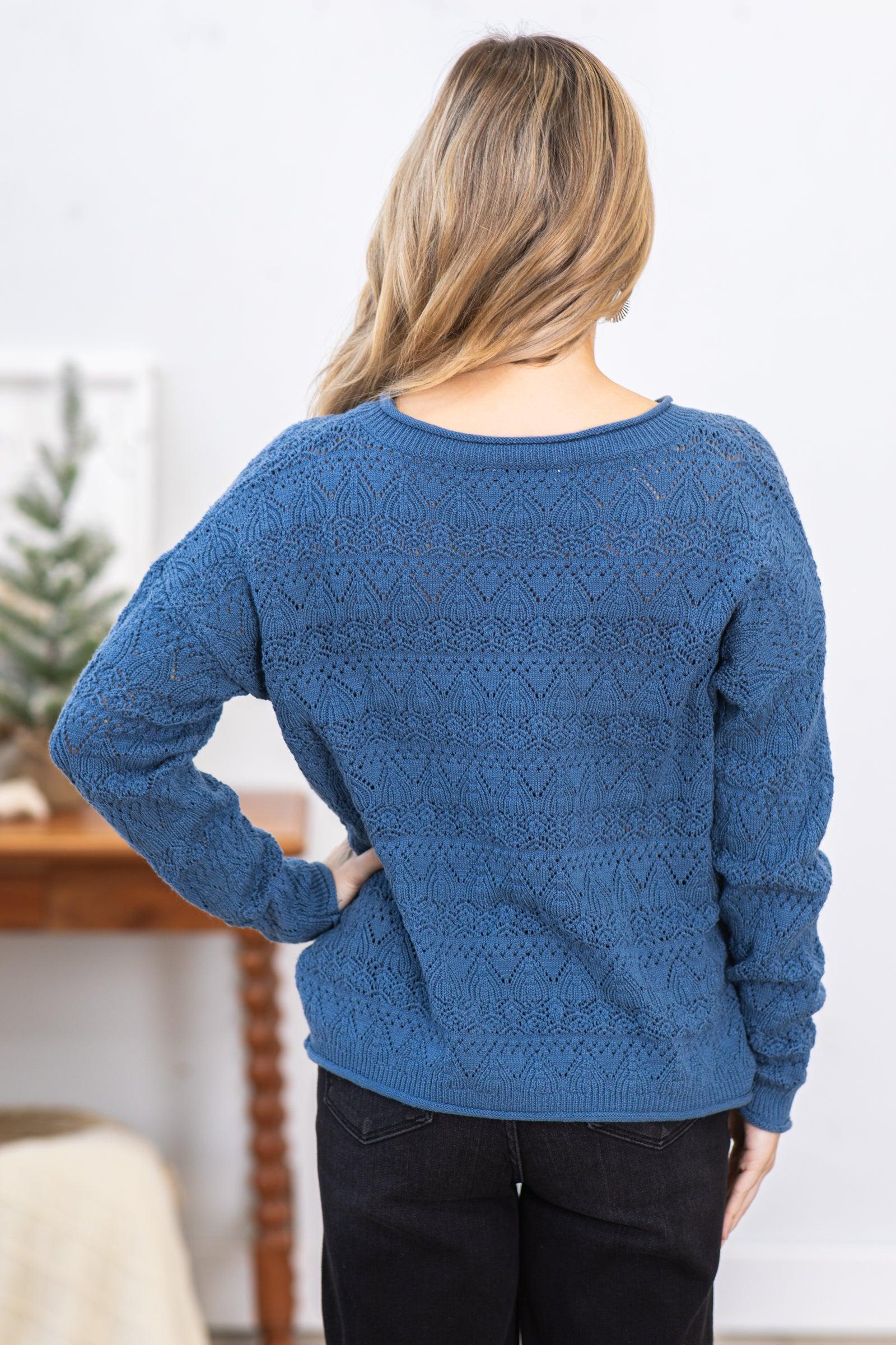 Dusty Blue Crochet Detail Knit Sweater Product Image