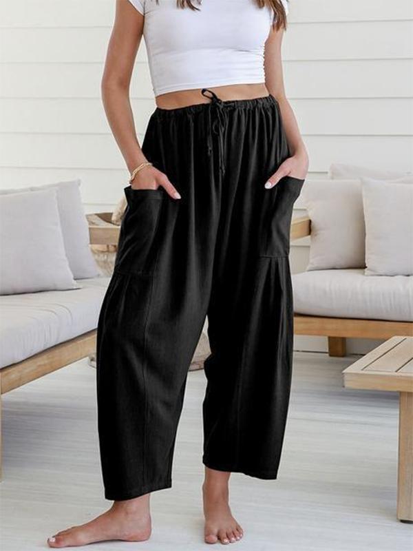 Column Loose Elasticity Pockets Solid Color Casual Pants Bottoms Trousers Product Image