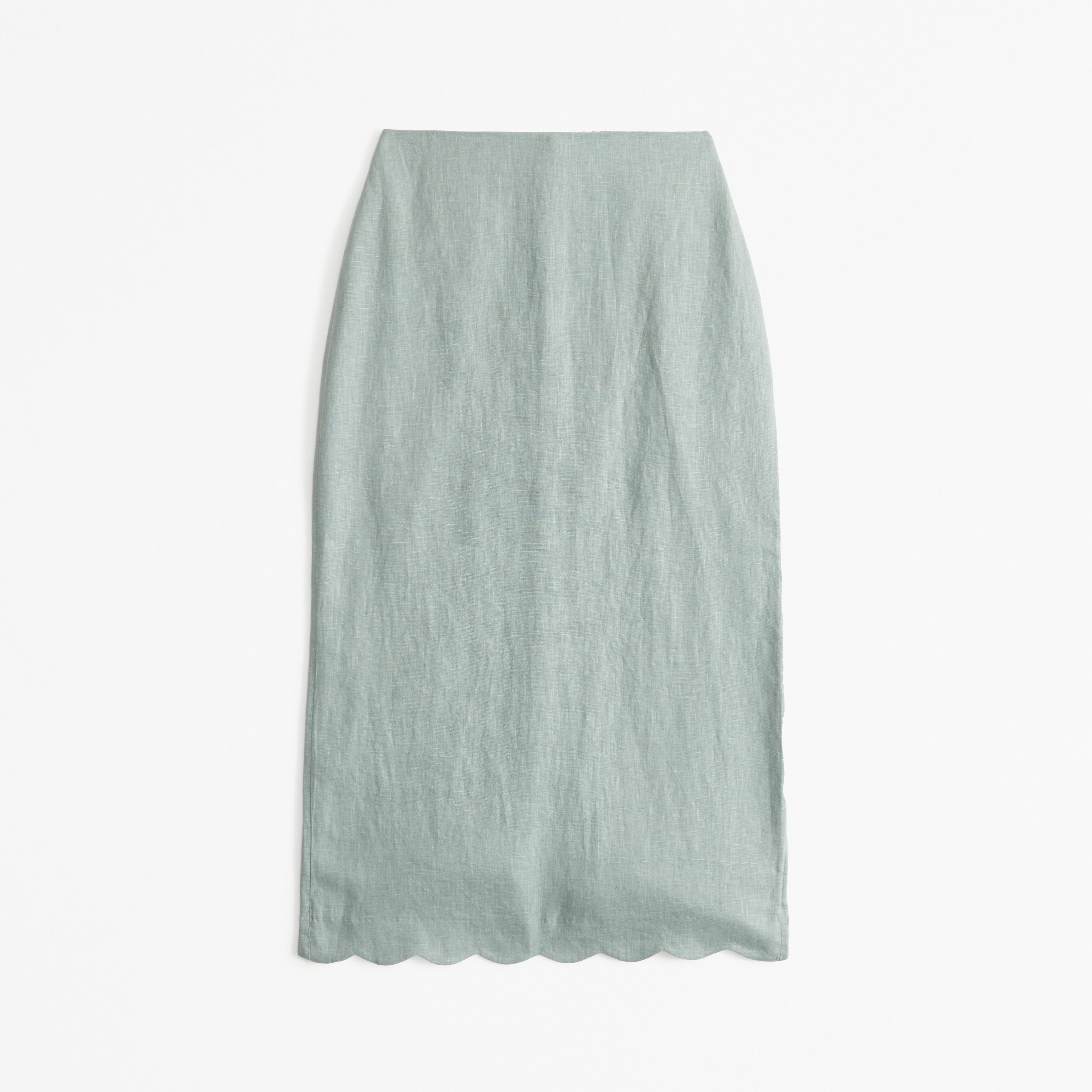 Premium Linen Scallop-Hem Midi Skirt Product Image