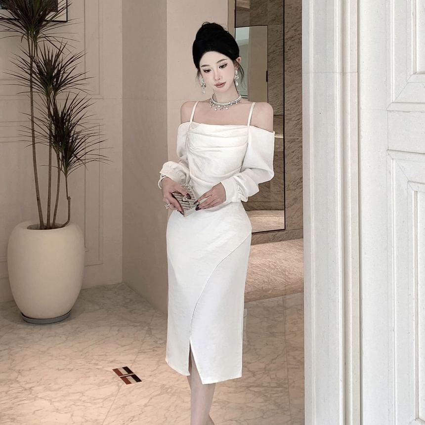 Long-Sleeve Cold-Shoulder Plain Slit Midi Sheath Dress Product Image