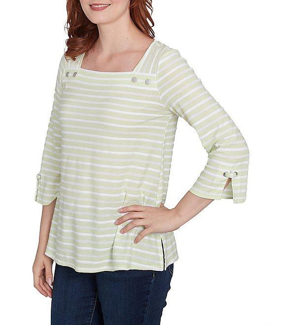 Ruby Rd. Ribbon Stripe Print Knit Square Button Trim Detail Neck 3/4 Bell Sleeve Top Product Image