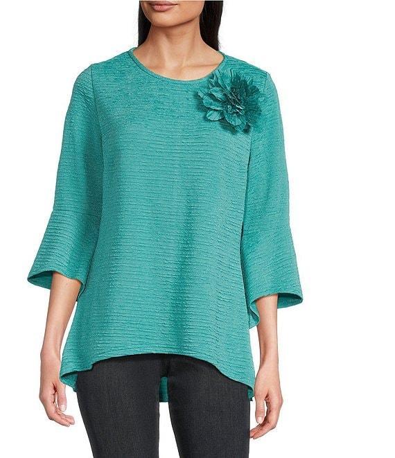 Calessa Textured Pucker Knit Crew Neck 3/4 Flare Sleeve Top Product Image