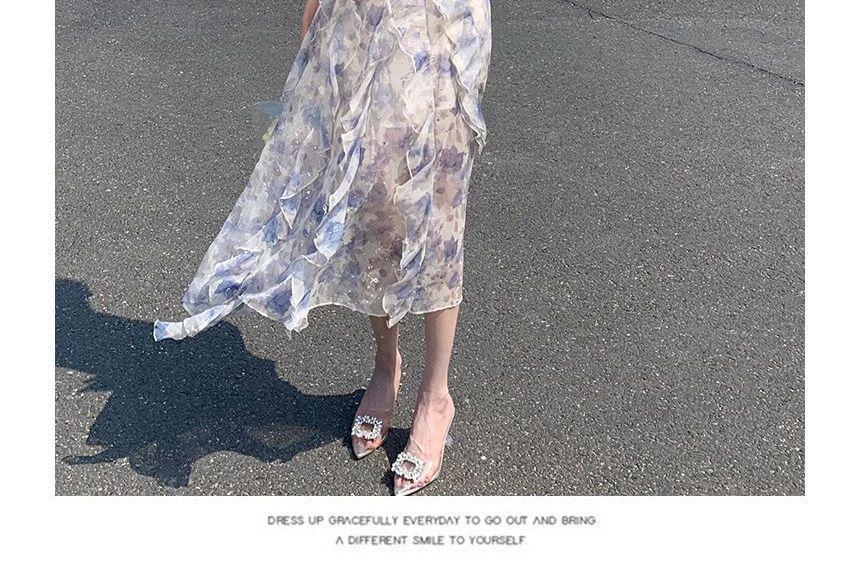 Spaghetti Strap Floral Slit Ruffle Trim Midi A-Line Sundress Product Image