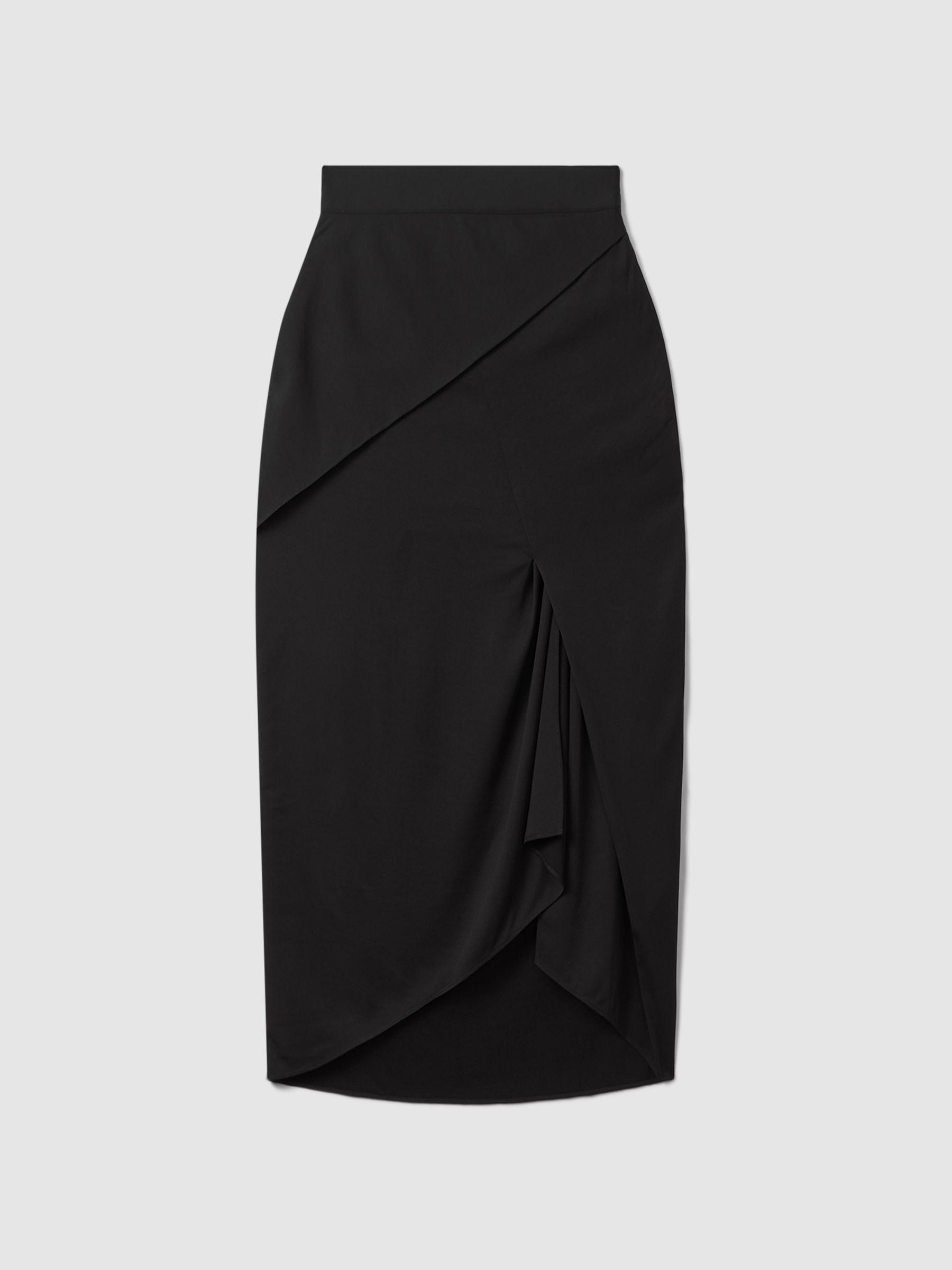 High Rise Draped Midi Skirt in Black Product Image