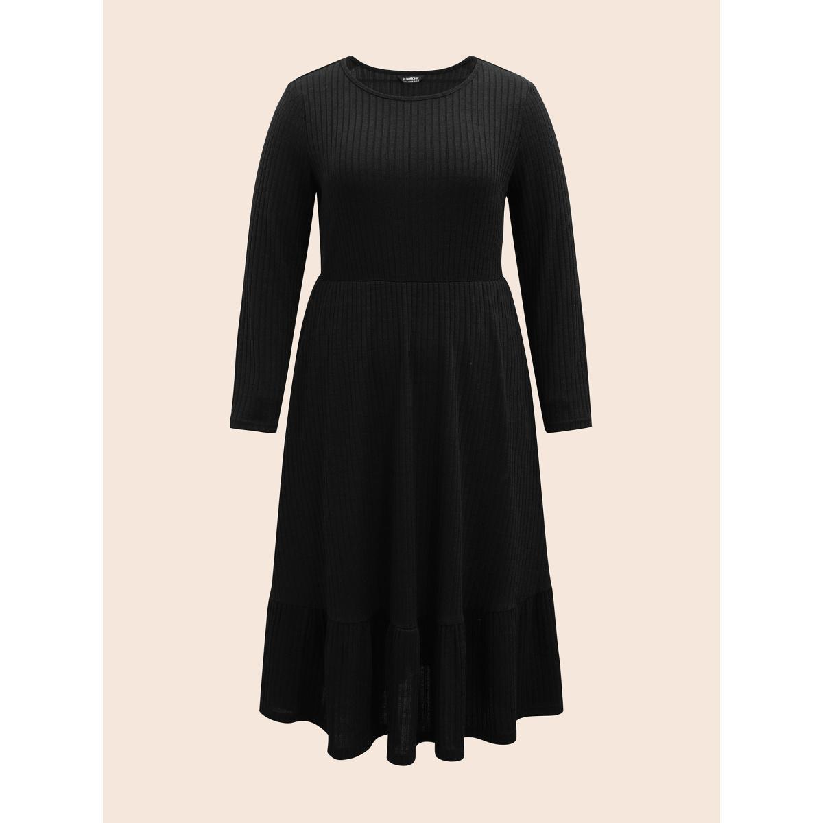 Plus Size Solid Pocket Rib Knit Ruffle Hem Dress Without Belt Black Women Basics Non Round Neck Long Sleeve Curvy Midi Dress BloomChic 12/L Product Image