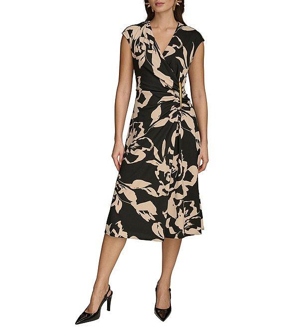 Donna Karan Jersey V-Neck Sleeveless Ruched Gold Broach Midi Sheath Dress Product Image