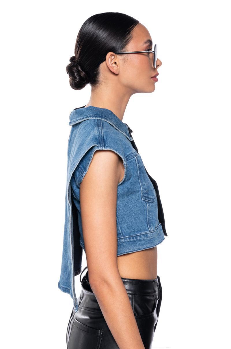 LOW RIDER HALF PU CROP DENIM VEST WITH CAPE Product Image